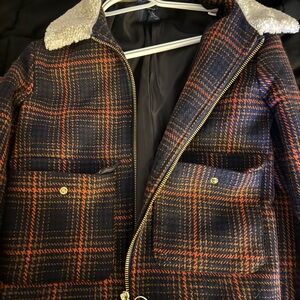 Forever 21 Navy and Orange Plaid Sherpa Collar Jacket